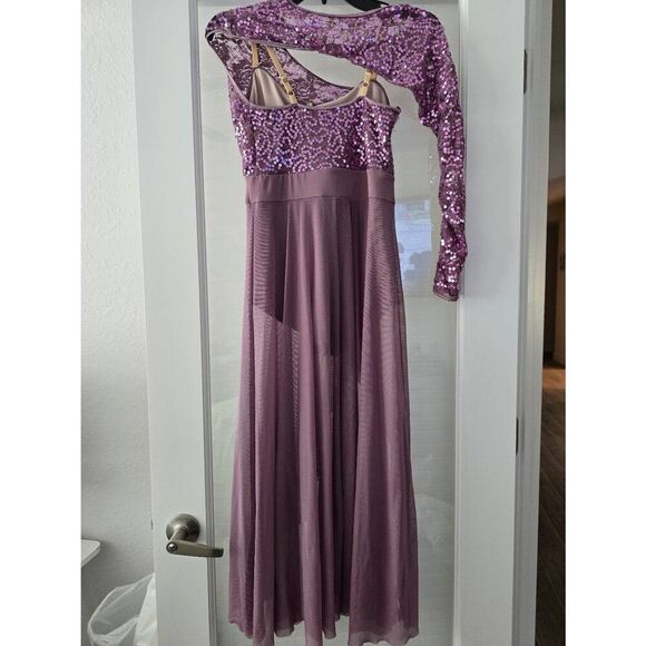Girls Balera Dance Costume Long Purple Mauve Sequin Dress‎ Child Large - Picture 4 of 10